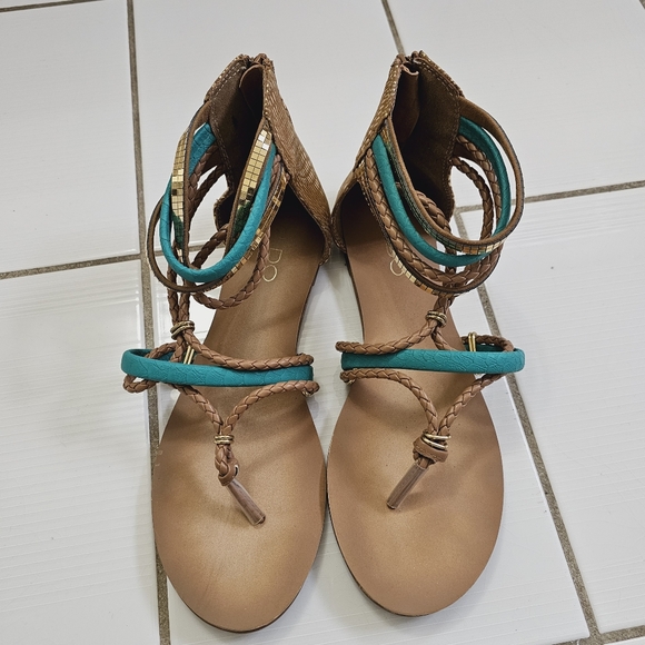Aldo zipper sandalsWomen’s Brown and Turquoise Egyptian Roman Style Strappy Sand - Picture 2 of 8